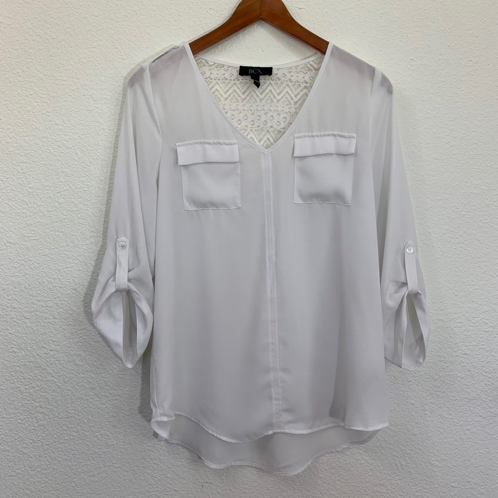BCX Junior's Roll Up Sleeve Sheer Blouse Top